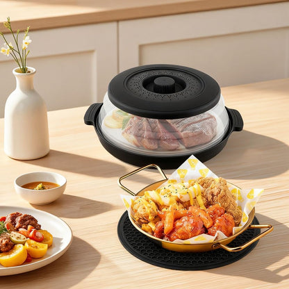 Microwave Splatter Cover 2 in 1 Collapsible Microwave Food Cover with Tray & Handles,Microwave Plate Covers With Steam Vent Fits Bowls,Plates & Pots,Food,Meal Prep(26 * 26 * 7cm,COLOR:Black)