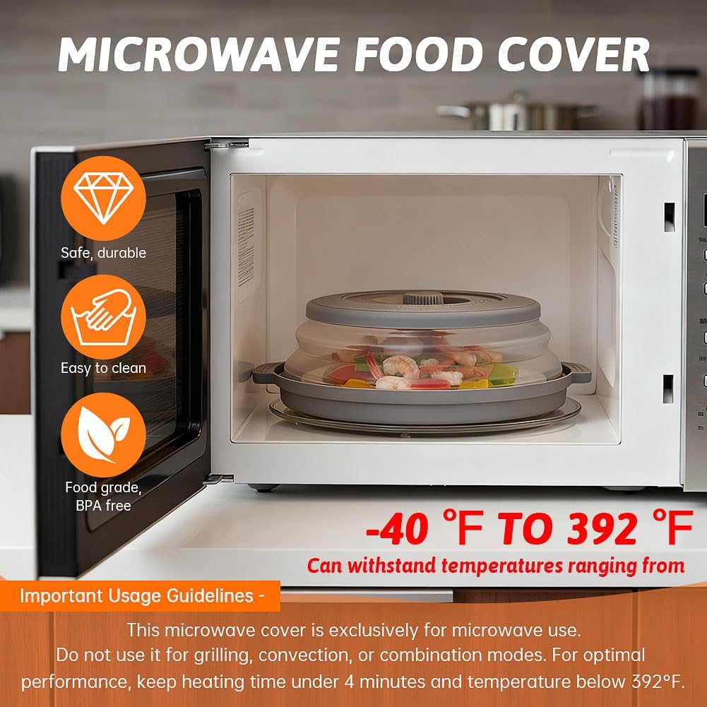 Microwave Splatter Cover 2 in 1 Collapsible Microwave Food Cover with Tray & Handles,Microwave Plate Covers With Steam Vent Fits Bowls,Plates & Pots,Food,Meal Prep(26 * 26 * 7cm,COLOR:Black)