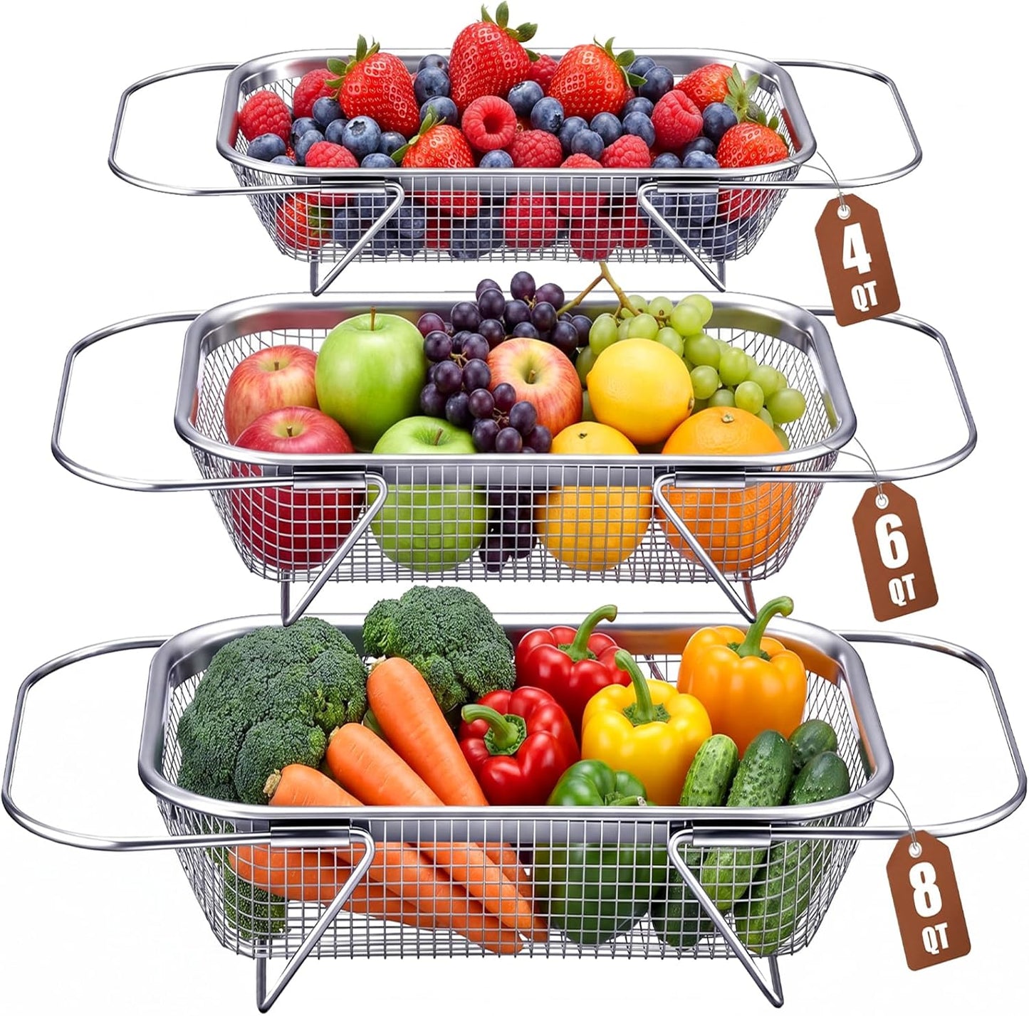 3 Pcs Stainless Steel Over The Sink Colander 4/6/8 Quart Fine Mesh Strainers for Kitchen Multipurpose Strainer with Expandable Handles for Drain, Rinse Fruits, Vegetables, Dishwasher Safe