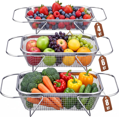 3 Pcs Stainless Steel Over The Sink Colander 4/6/8 Quart Fine Mesh Strainers for Kitchen Multipurpose Strainer with Expandable Handles for Drain, Rinse Fruits, Vegetables, Dishwasher Safe