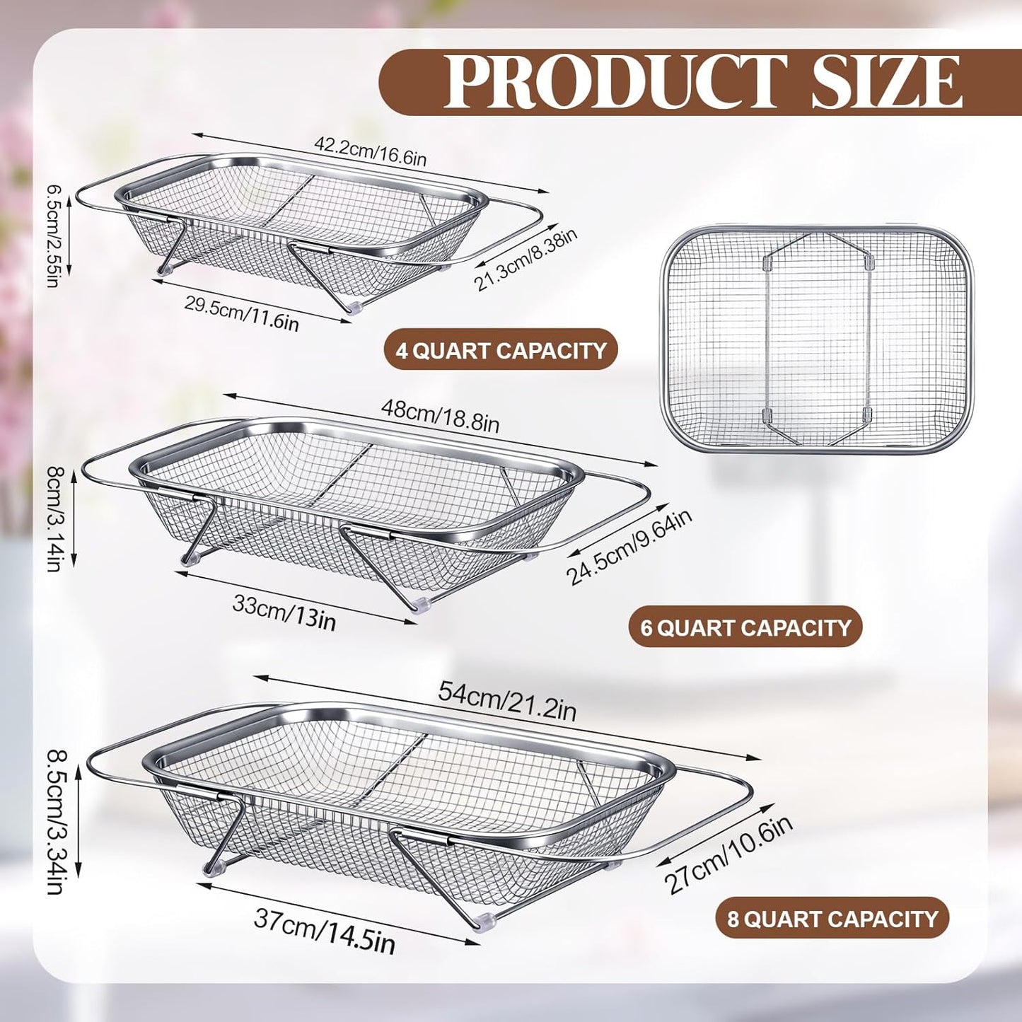 3 Pcs Stainless Steel Over The Sink Colander 4/6/8 Quart Fine Mesh Strainers for Kitchen Multipurpose Strainer with Expandable Handles for Drain, Rinse Fruits, Vegetables, Dishwasher Safe