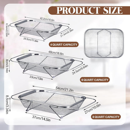 3 Pcs Stainless Steel Over The Sink Colander 4/6/8 Quart Fine Mesh Strainers for Kitchen Multipurpose Strainer with Expandable Handles for Drain, Rinse Fruits, Vegetables, Dishwasher Safe