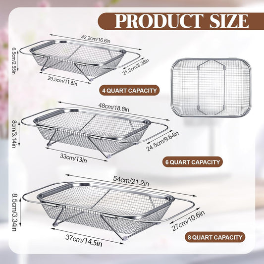 3 Pcs Stainless Steel Over The Sink Colander 4/6/8 Quart Fine Mesh Strainers for Kitchen Multipurpose Strainer with Expandable Handles for Drain, Rinse Fruits, Vegetables, Dishwasher Safe