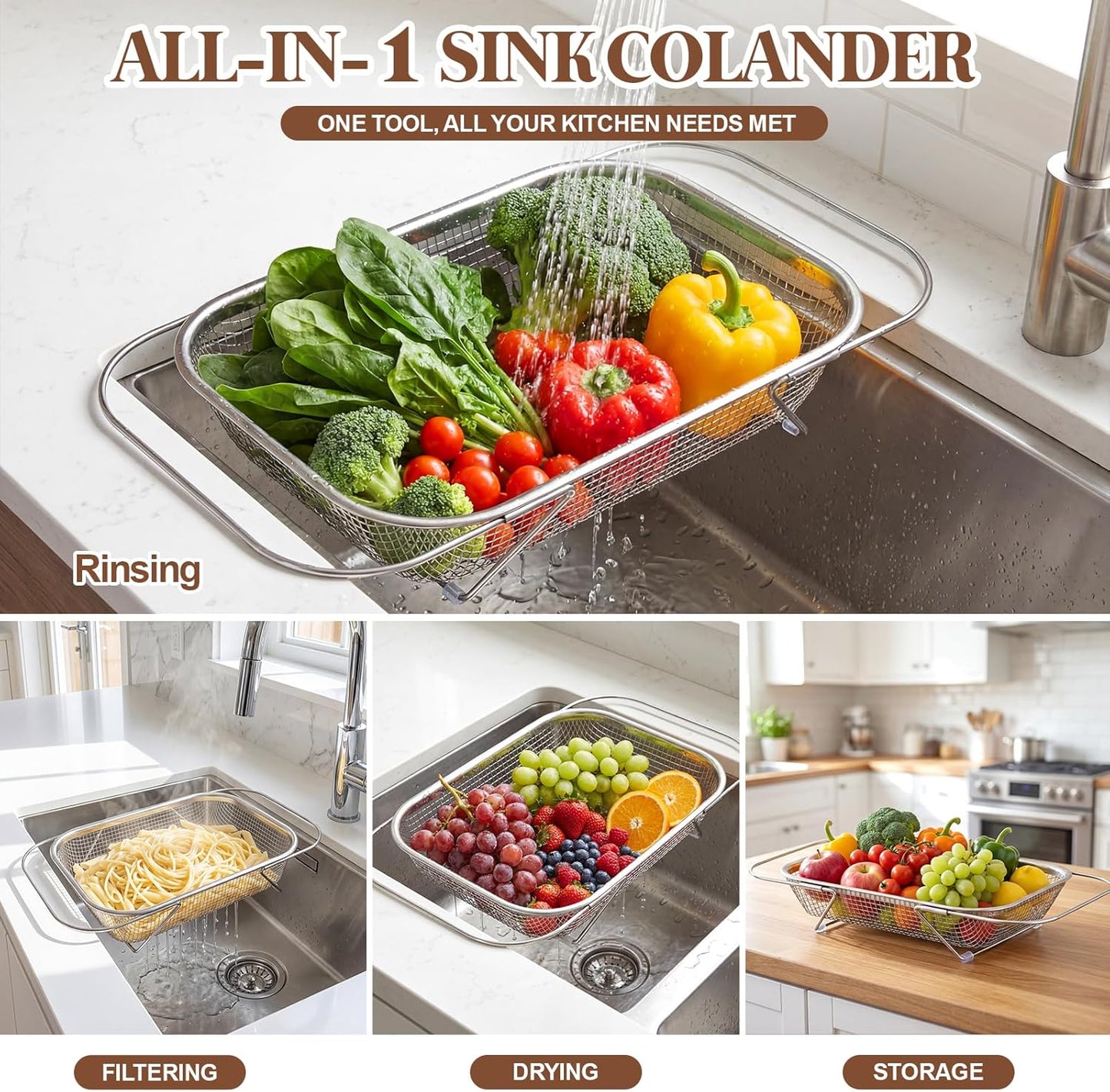 3 Pcs Stainless Steel Over The Sink Colander 4/6/8 Quart Fine Mesh Strainers for Kitchen Multipurpose Strainer with Expandable Handles for Drain, Rinse Fruits, Vegetables, Dishwasher Safe