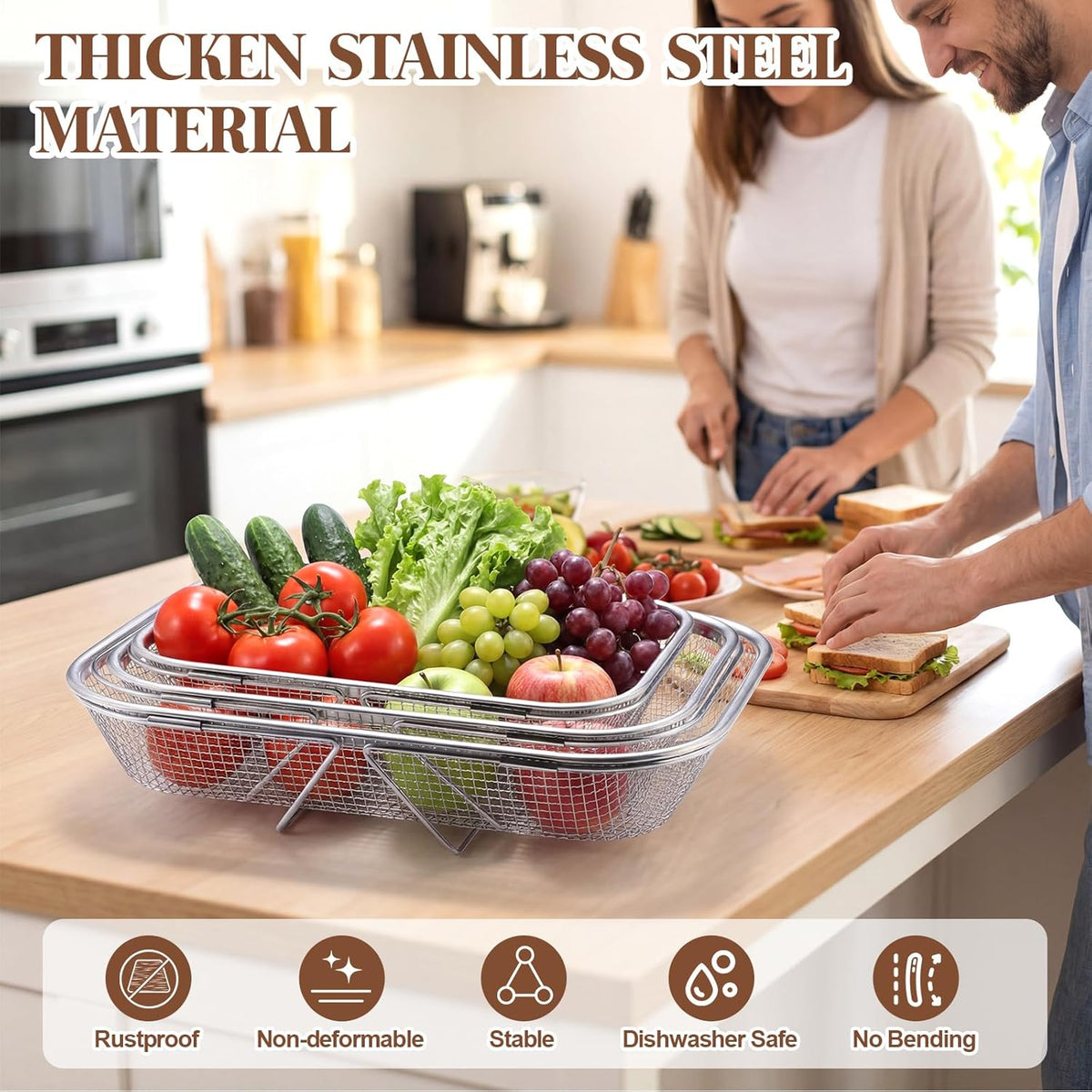 3 Pcs Stainless Steel Over The Sink Colander 4/6/8 Quart Fine Mesh Strainers for Kitchen Multipurpose Strainer with Expandable Handles for Drain, Rinse Fruits, Vegetables, Dishwasher Safe