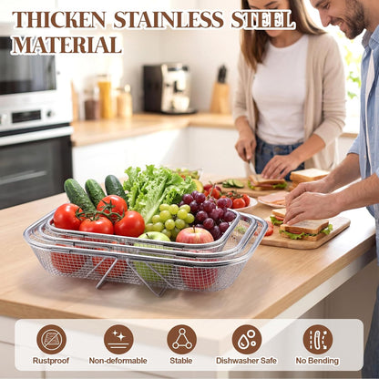 3 Pcs Stainless Steel Over The Sink Colander 4/6/8 Quart Fine Mesh Strainers for Kitchen Multipurpose Strainer with Expandable Handles for Drain, Rinse Fruits, Vegetables, Dishwasher Safe