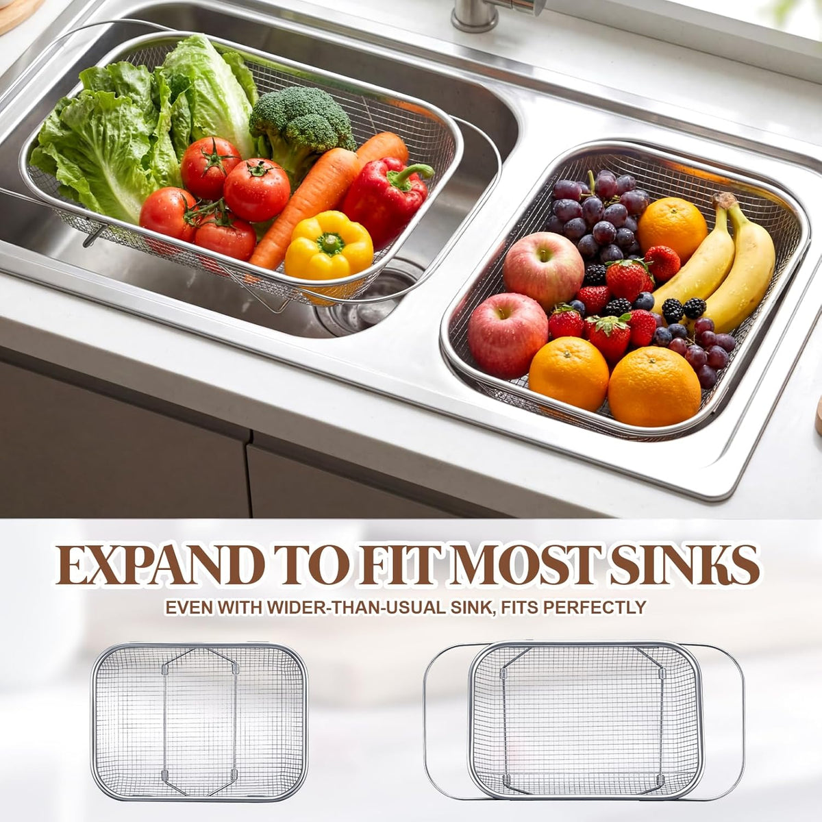 3 Pcs Stainless Steel Over The Sink Colander 4/6/8 Quart Fine Mesh Strainers for Kitchen Multipurpose Strainer with Expandable Handles for Drain, Rinse Fruits, Vegetables, Dishwasher Safe