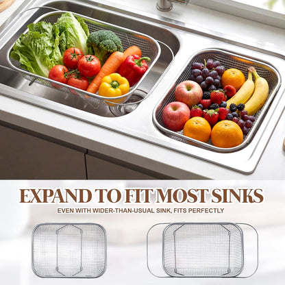 3 Pcs Stainless Steel Over The Sink Colander 4/6/8 Quart Fine Mesh Strainers for Kitchen Multipurpose Strainer with Expandable Handles for Drain, Rinse Fruits, Vegetables, Dishwasher Safe