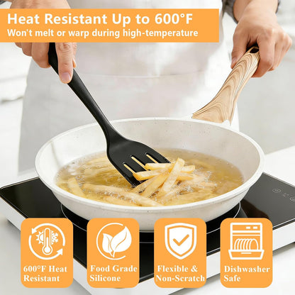 Silicone Spatula Turner Set, 600°F High Heat Resistant Spatulas for Cooking, BPA Free, Large Flexible Kitchen Utensils Flipping Eggs, Pancakes, Fish, Burgers, Dishwasher Safe (Black)
