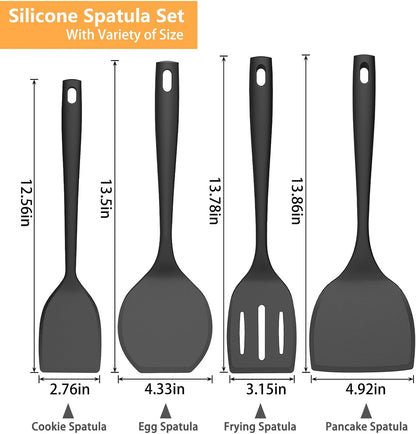 Silicone Spatula Turner Set, 600°F High Heat Resistant Spatulas for Cooking, BPA Free, Large Flexible Kitchen Utensils Flipping Eggs, Pancakes, Fish, Burgers, Dishwasher Safe (Black)