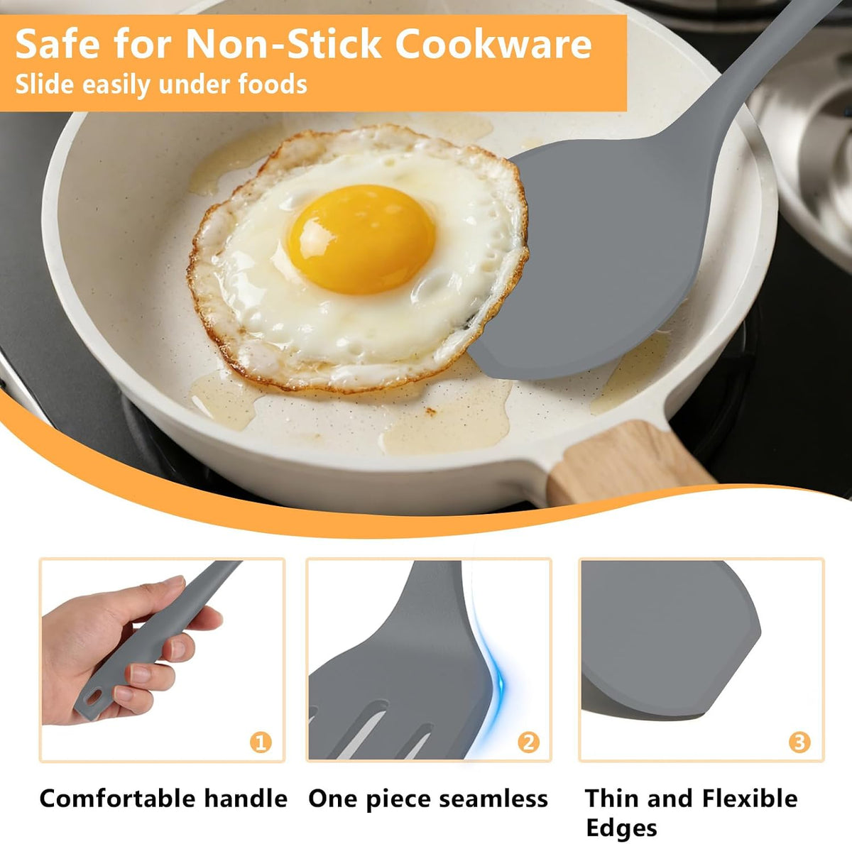 Silicone Spatula Turner Set, 600°F High Heat Resistant Spatulas for Cooking, BPA Free, Large Flexible Kitchen Utensils Flipping Eggs, Pancakes, Fish, Burgers, Dishwasher Safe (Black)