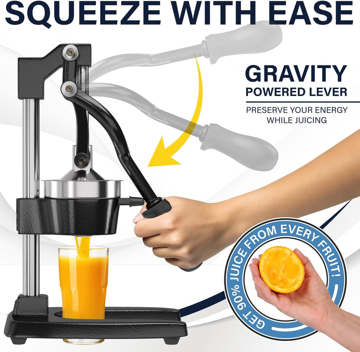 Ultra-Premium Cast Iron Juicer | Extra-Large, Heavy Duty, Commercial Grade, Stainless Steel Manual Hand Press Citrus Squeezer For Fresh Orange Juice, Pomegranate, Lemon, and Much More (Black)