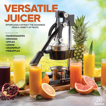 Ultra-Premium Cast Iron Juicer | Extra-Large, Heavy Duty, Commercial Grade, Stainless Steel Manual Hand Press Citrus Squeezer For Fresh Orange Juice, Pomegranate, Lemon, and Much More (Black)