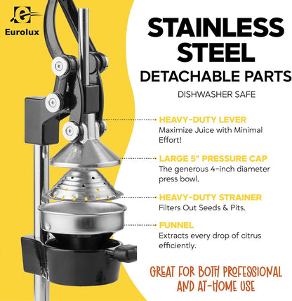Ultra-Premium Cast Iron Juicer | Extra-Large, Heavy Duty, Commercial Grade, Stainless Steel Manual Hand Press Citrus Squeezer For Fresh Orange Juice, Pomegranate, Lemon, and Much More (Black)