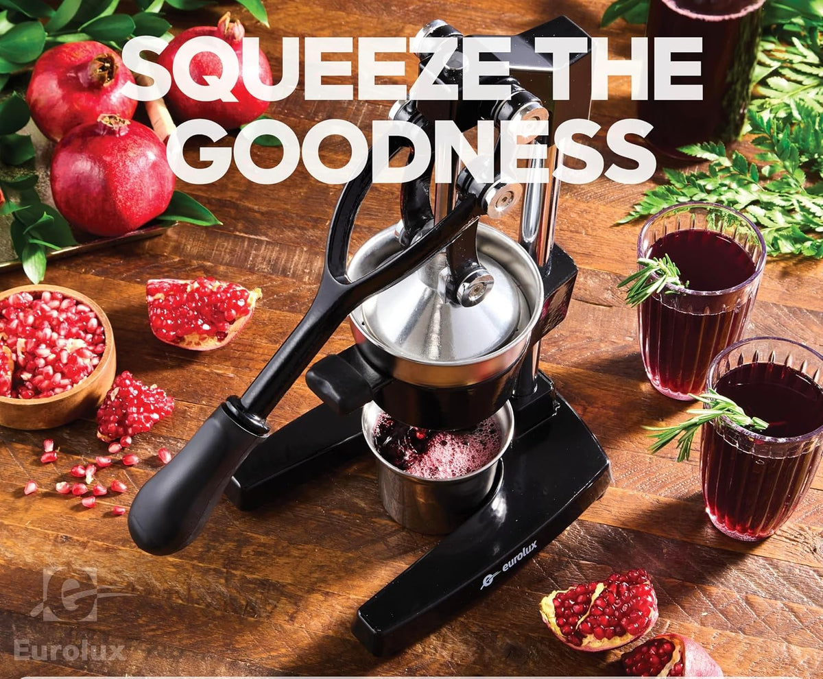 Ultra-Premium Cast Iron Juicer | Extra-Large, Heavy Duty, Commercial Grade, Stainless Steel Manual Hand Press Citrus Squeezer For Fresh Orange Juice, Pomegranate, Lemon, and Much More (Black)