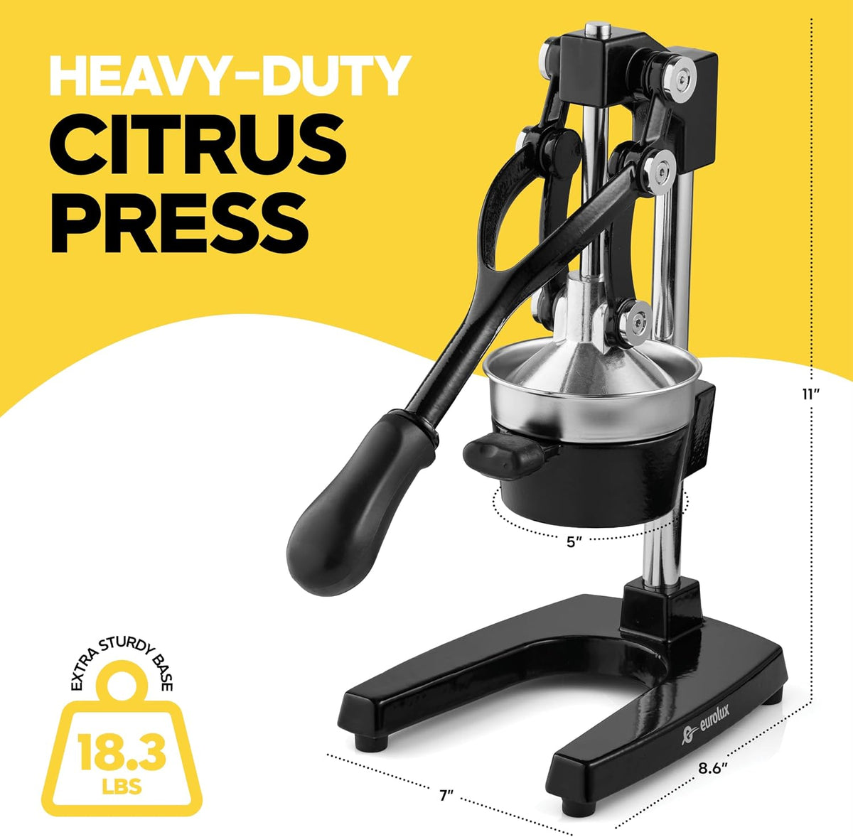 Ultra-Premium Cast Iron Juicer | Extra-Large, Heavy Duty, Commercial Grade, Stainless Steel Manual Hand Press Citrus Squeezer For Fresh Orange Juice, Pomegranate, Lemon, and Much More (Black)