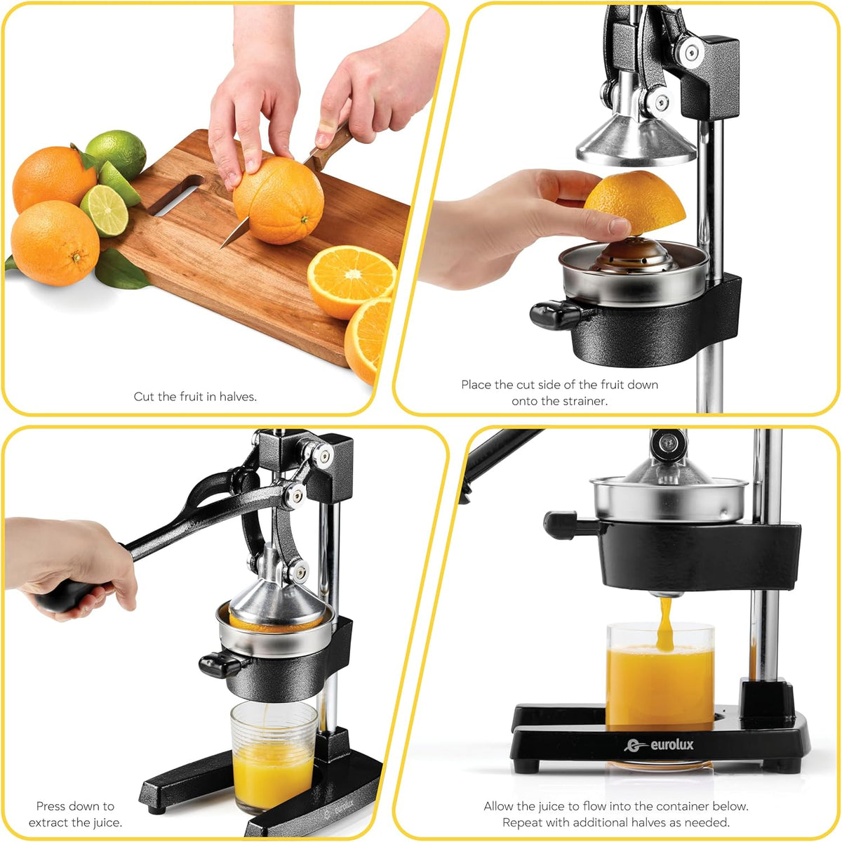 Ultra-Premium Cast Iron Juicer | Extra-Large, Heavy Duty, Commercial Grade, Stainless Steel Manual Hand Press Citrus Squeezer For Fresh Orange Juice, Pomegranate, Lemon, and Much More (Black)