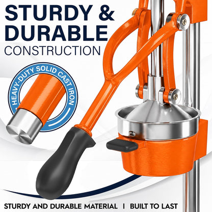 Ultra-Premium Cast Iron Juicer | Extra-Large, Heavy Duty, Commercial Grade, Stainless Steel Manual Hand Press Citrus Squeezer For Fresh Orange Juice, Pomegranate, Lemon, and Much More (Black)