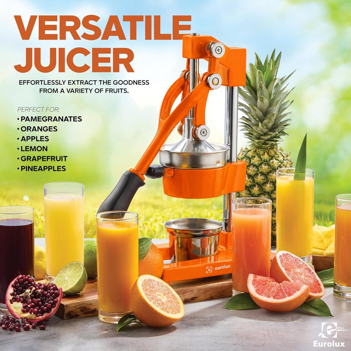 Ultra-Premium Cast Iron Juicer | Extra-Large, Heavy Duty, Commercial Grade, Stainless Steel Manual Hand Press Citrus Squeezer For Fresh Orange Juice, Pomegranate, Lemon, and Much More (Black)