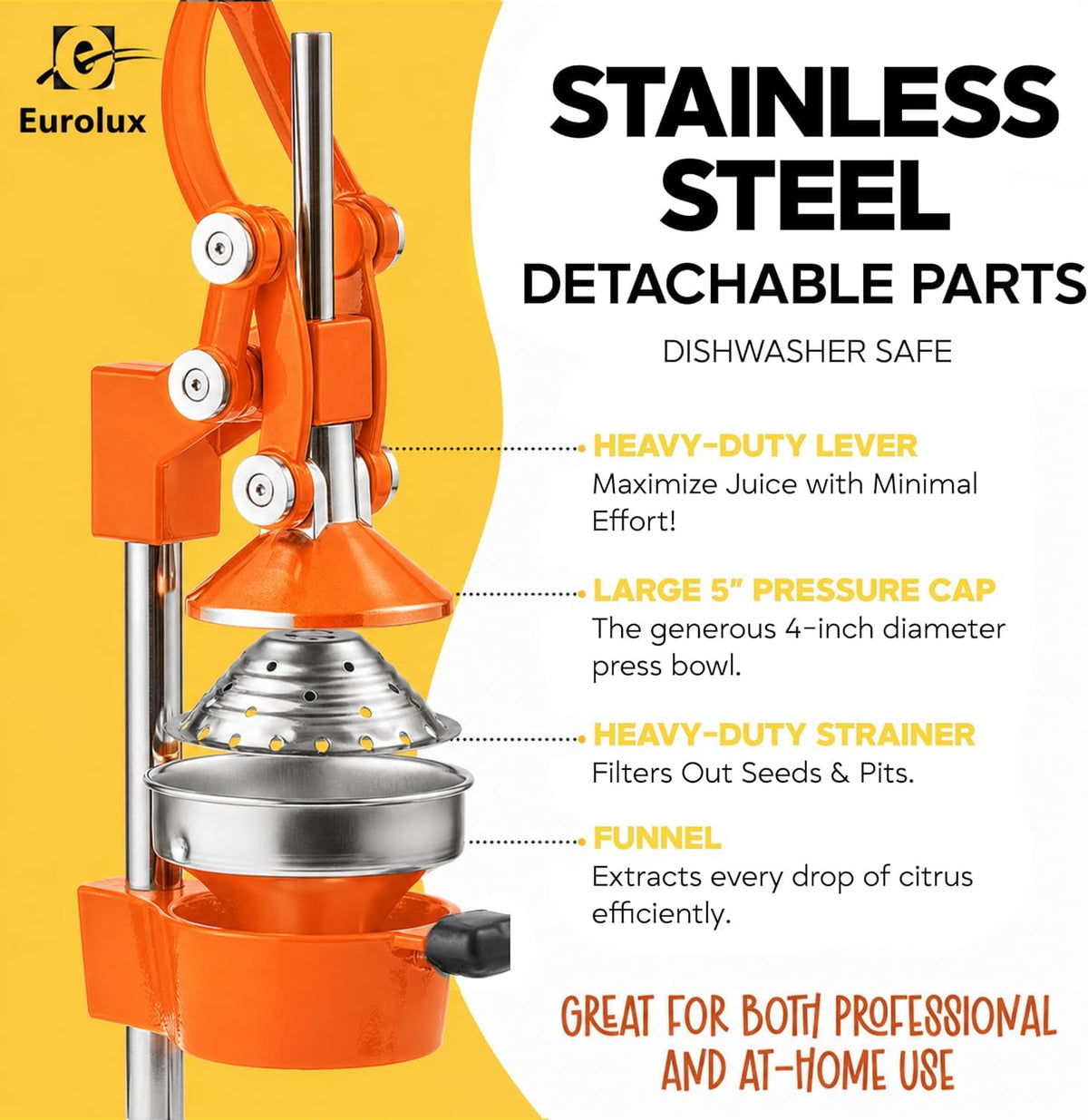 Ultra-Premium Cast Iron Juicer | Extra-Large, Heavy Duty, Commercial Grade, Stainless Steel Manual Hand Press Citrus Squeezer For Fresh Orange Juice, Pomegranate, Lemon, and Much More (Black)