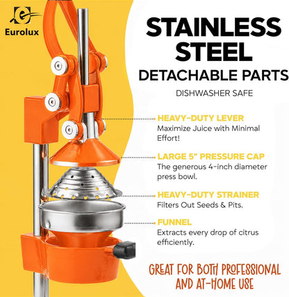 Ultra-Premium Cast Iron Juicer | Extra-Large, Heavy Duty, Commercial Grade, Stainless Steel Manual Hand Press Citrus Squeezer For Fresh Orange Juice, Pomegranate, Lemon, and Much More (Black)