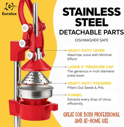 Ultra-Premium Cast Iron Juicer | Extra-Large, Heavy Duty, Commercial Grade, Stainless Steel Manual Hand Press Citrus Squeezer For Fresh Orange Juice, Pomegranate, Lemon, and Much More (Black)