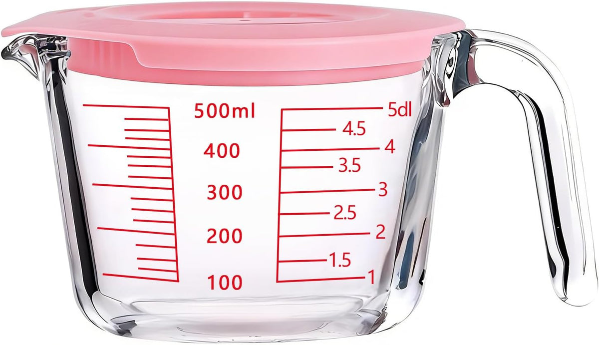 Glass Measuring Cups with Lids Set, Borosilicate Glass V-Shaped Spout Microwave Safe Scales Milk Cup for Cooking Baking (Pink, 2CUP)