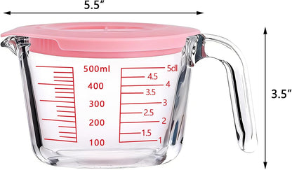 Glass Measuring Cups with Lids Set, Borosilicate Glass V-Shaped Spout Microwave Safe Scales Milk Cup for Cooking Baking (Pink, 2CUP)