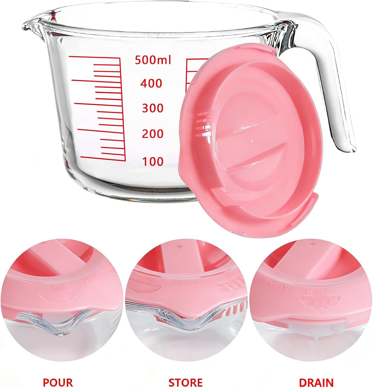 Glass Measuring Cups with Lids Set, Borosilicate Glass V-Shaped Spout Microwave Safe Scales Milk Cup for Cooking Baking (Pink, 2CUP)
