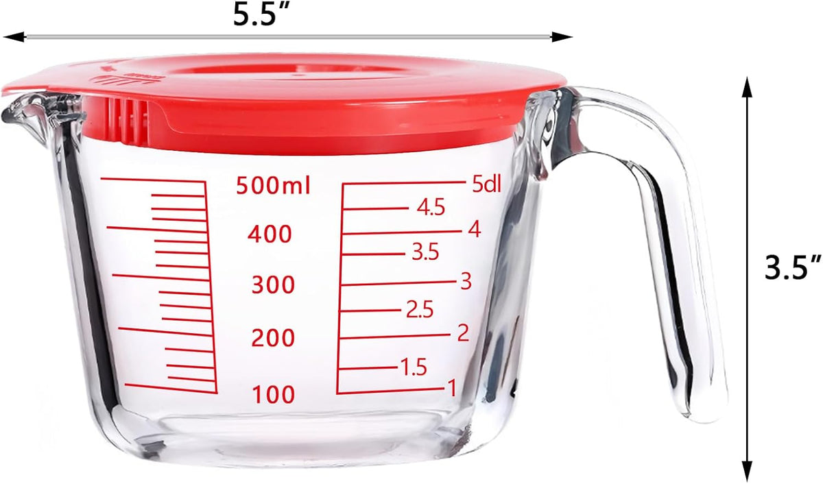 Glass Measuring Cups with Lids Set, Borosilicate Glass V-Shaped Spout Microwave Safe Scales Milk Cup for Cooking Baking (Pink, 2CUP)