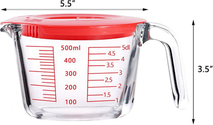 Glass Measuring Cups with Lids Set, Borosilicate Glass V-Shaped Spout Microwave Safe Scales Milk Cup for Cooking Baking (Pink, 2CUP)