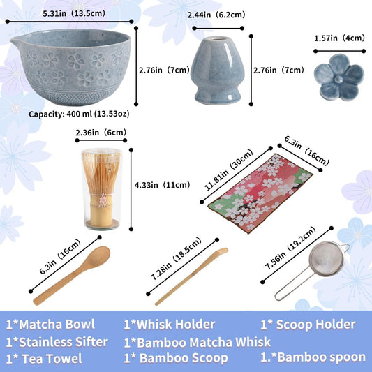 8-Piece Matcha Ceremony Set - Tea Kit with Cherry Blossom Bowl, Bamboo Whisk, Wood Scoops, Tea Cloth & Floral Display - Gift-Ready Pink Cherry color box (blue)