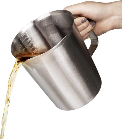 Stainless Steel Measuring Cup (16 Ounce/ 0.5 Liter- 2 Cup), Milk Frothing Pitcher, Steaming Pitcher, Milk Frothing Cup Jug with Marking with Handle for Espresso Machines, Latte Art