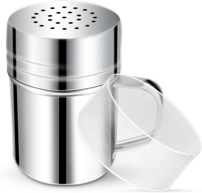 Stainless Steel Dredge Shaker Spice Shakers with Handle Powdered Sugar Shaker Pepper Shakers 6 Oz Metal Salt Shaker with Holes and Lid Fine Powder Shakers for Cinnamon Cocoa Flour Baking Seasoning
