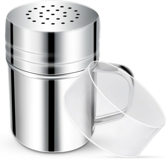Stainless Steel Dredge Shaker Spice Shakers with Handle Powdered Sugar Shaker Pepper Shakers 6 Oz Metal Salt Shaker with Holes and Lid Fine Powder Shakers for Cinnamon Cocoa Flour Baking Seasoning