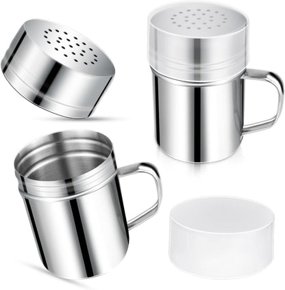 Stainless Steel Dredge Shaker Spice Shakers with Handle Powdered Sugar Shaker Pepper Shakers 6 Oz Metal Salt Shaker with Holes and Lid Fine Powder Shakers for Cinnamon Cocoa Flour Baking Seasoning