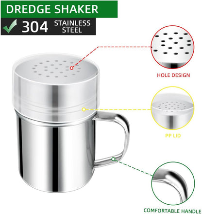 Stainless Steel Dredge Shaker Spice Shakers with Handle Powdered Sugar Shaker Pepper Shakers 6 Oz Metal Salt Shaker with Holes and Lid Fine Powder Shakers for Cinnamon Cocoa Flour Baking Seasoning