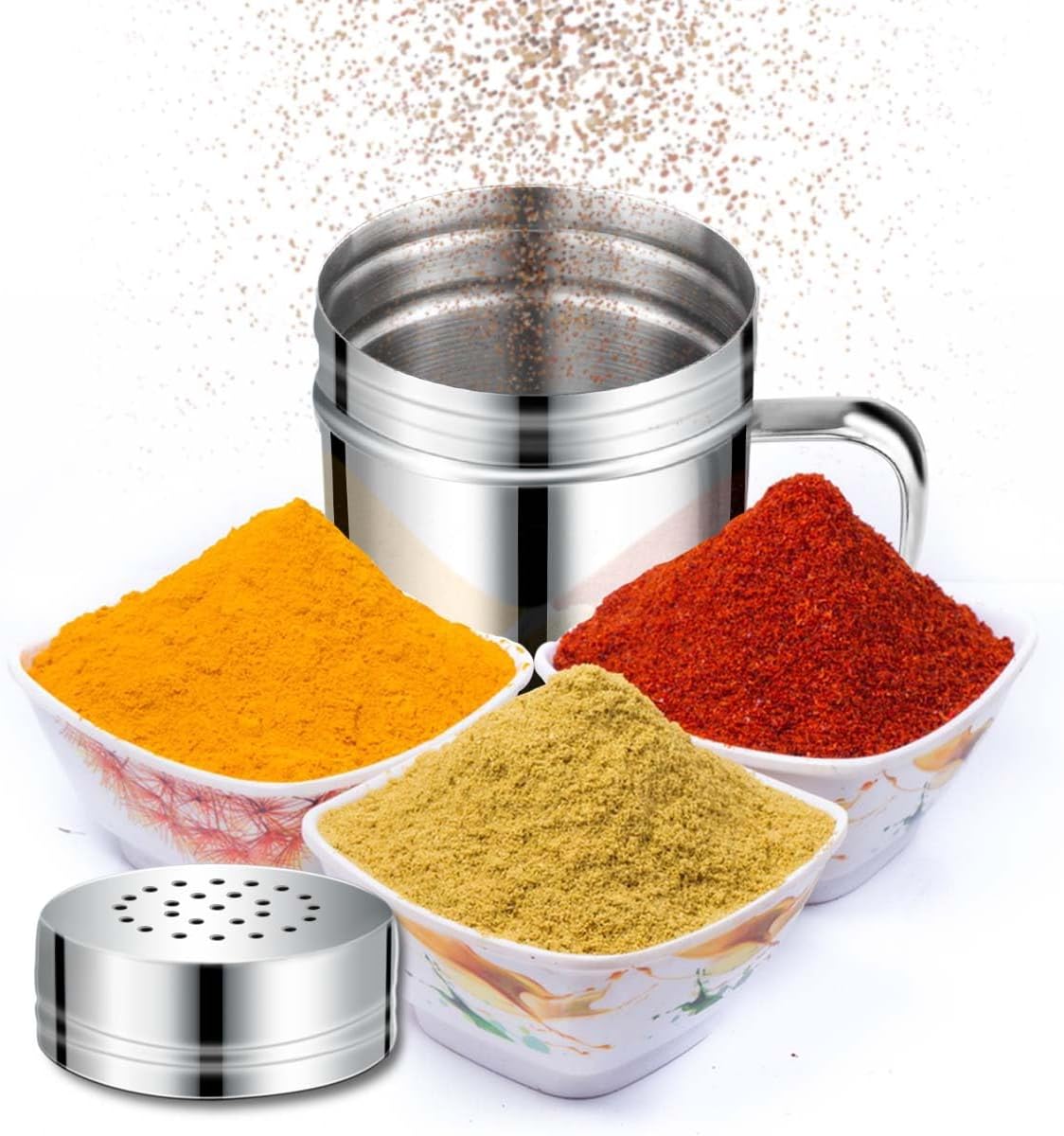 Stainless Steel Dredge Shaker Spice Shakers with Handle Powdered Sugar Shaker Pepper Shakers 6 Oz Metal Salt Shaker with Holes and Lid Fine Powder Shakers for Cinnamon Cocoa Flour Baking Seasoning
