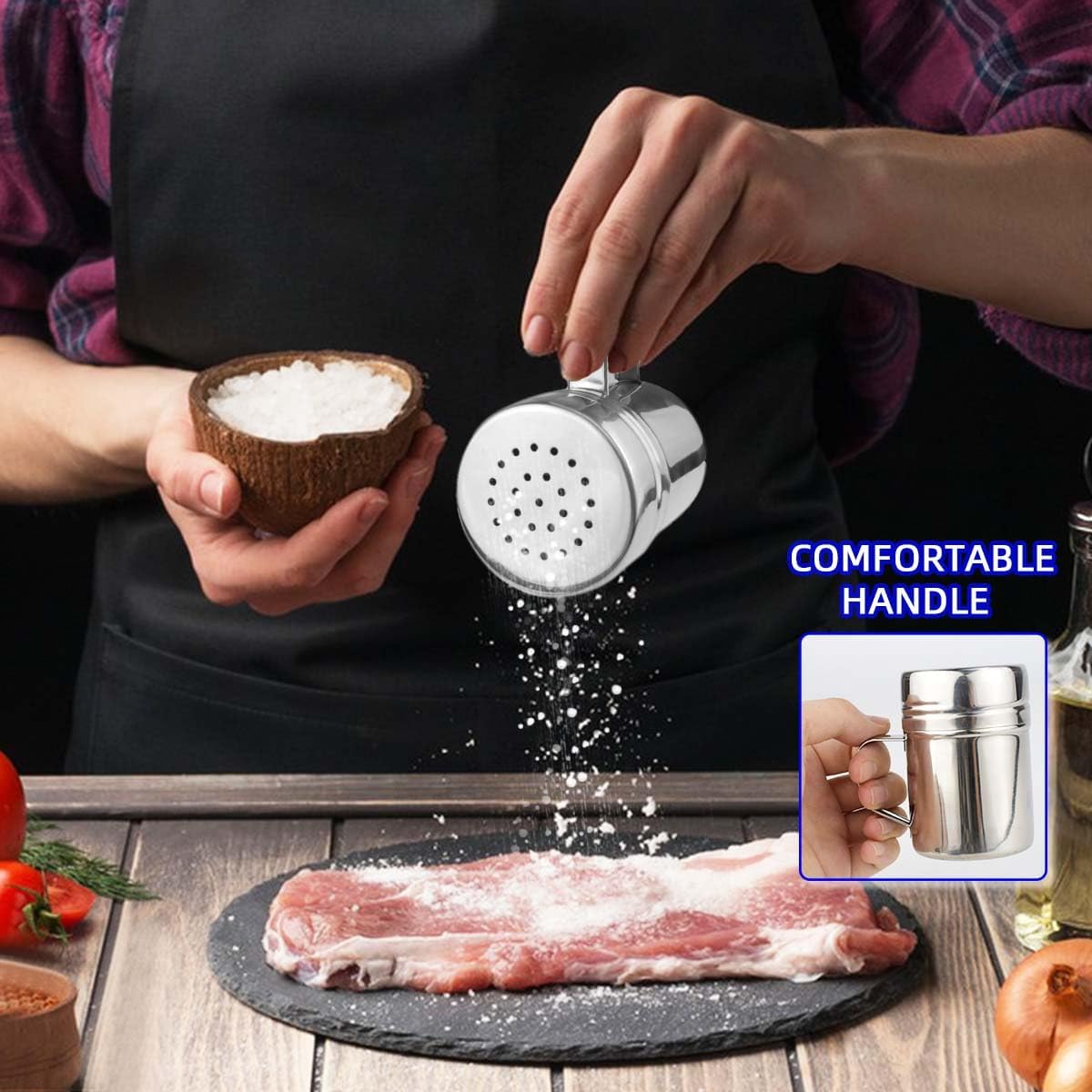 Stainless Steel Dredge Shaker Spice Shakers with Handle Powdered Sugar Shaker Pepper Shakers 6 Oz Metal Salt Shaker with Holes and Lid Fine Powder Shakers for Cinnamon Cocoa Flour Baking Seasoning