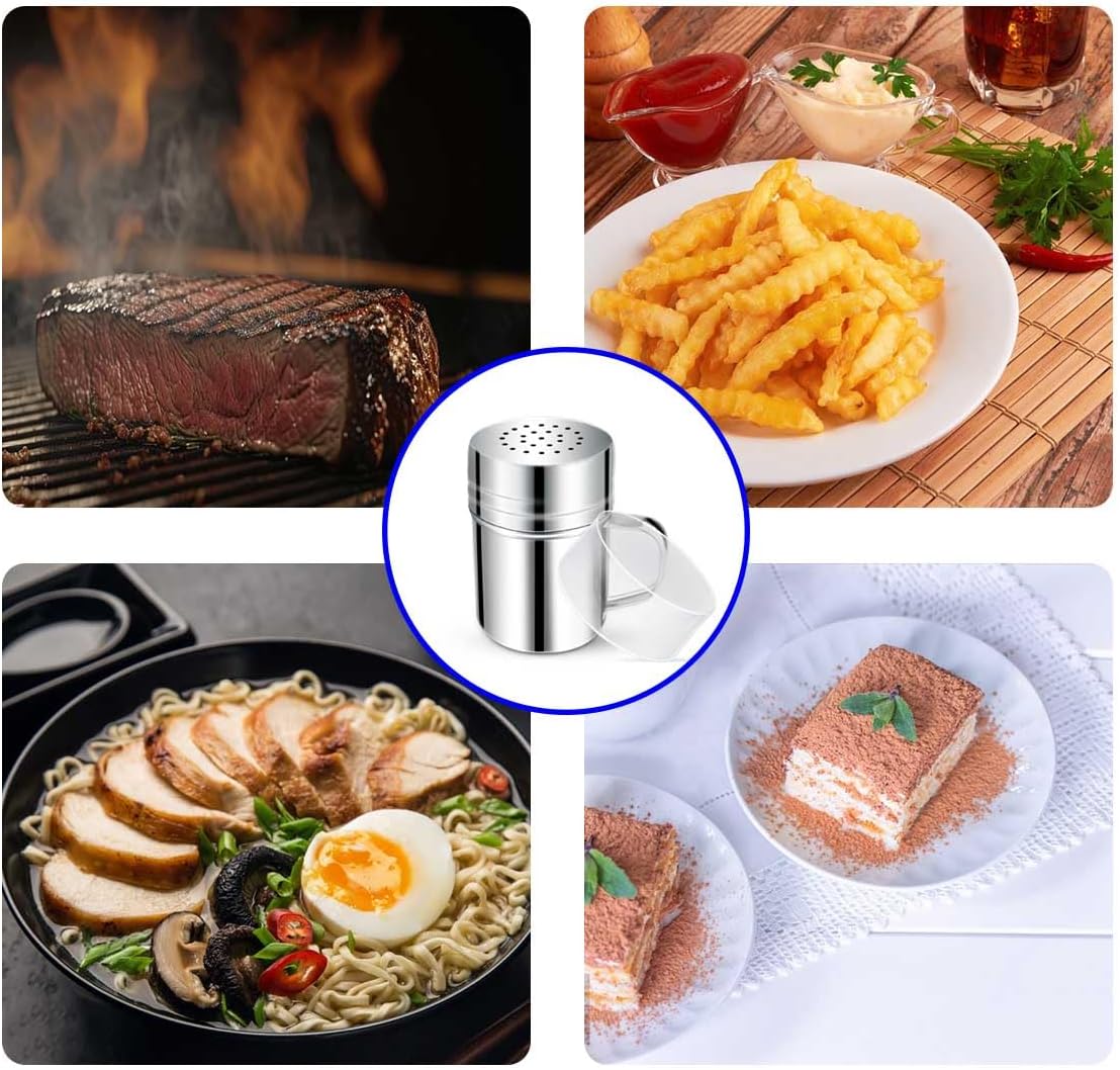 Stainless Steel Dredge Shaker Spice Shakers with Handle Powdered Sugar Shaker Pepper Shakers 6 Oz Metal Salt Shaker with Holes and Lid Fine Powder Shakers for Cinnamon Cocoa Flour Baking Seasoning