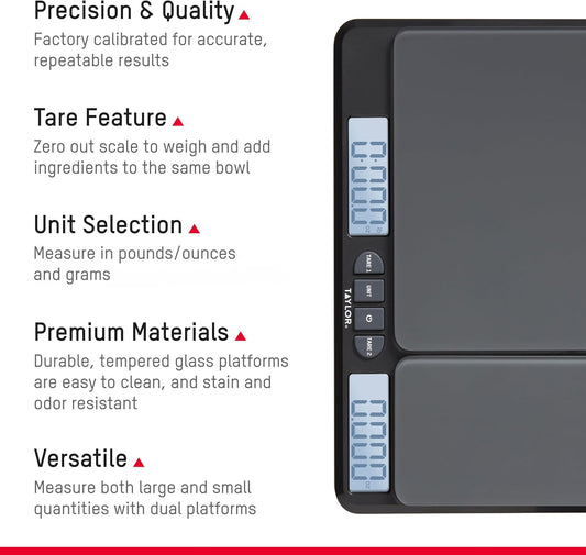 Dual Platform Food Kitchen Scale, Digital Grams and Ounces for Weight Loss, Baking, Cooking, Meal Prep, Spices, and Coffee, Backlit Display, Glass Platforms, 15lb, and 16oz Capacity, Black