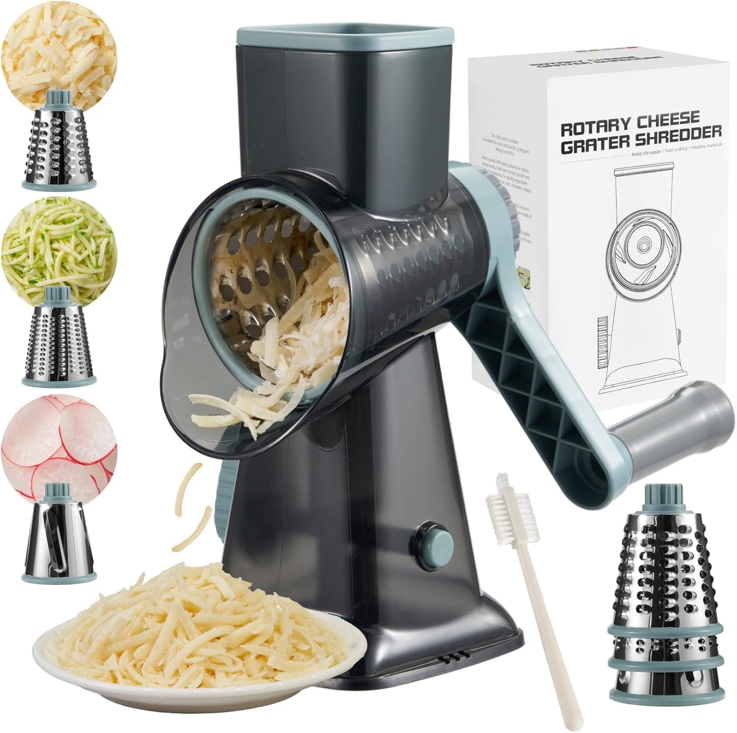 Rotary Cheese Grater Hand Crank, 5 blades Cheese shredder, Stronger Suction, Easy to Clean for Fruit, Vegetables, Nuts, Black
