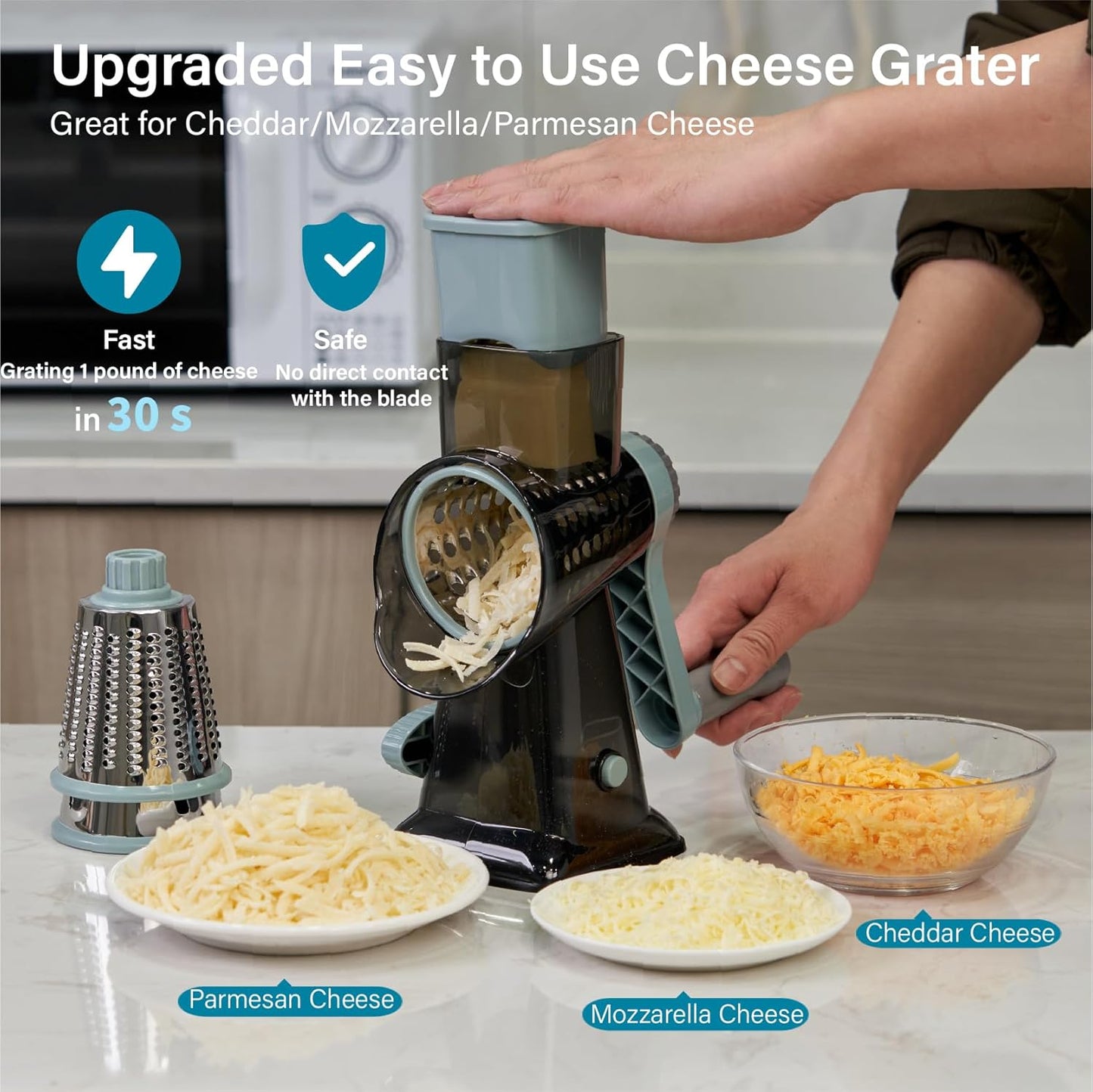 Rotary Cheese Grater Hand Crank, 5 blades Cheese shredder, Stronger Suction, Easy to Clean for Fruit, Vegetables, Nuts, Black