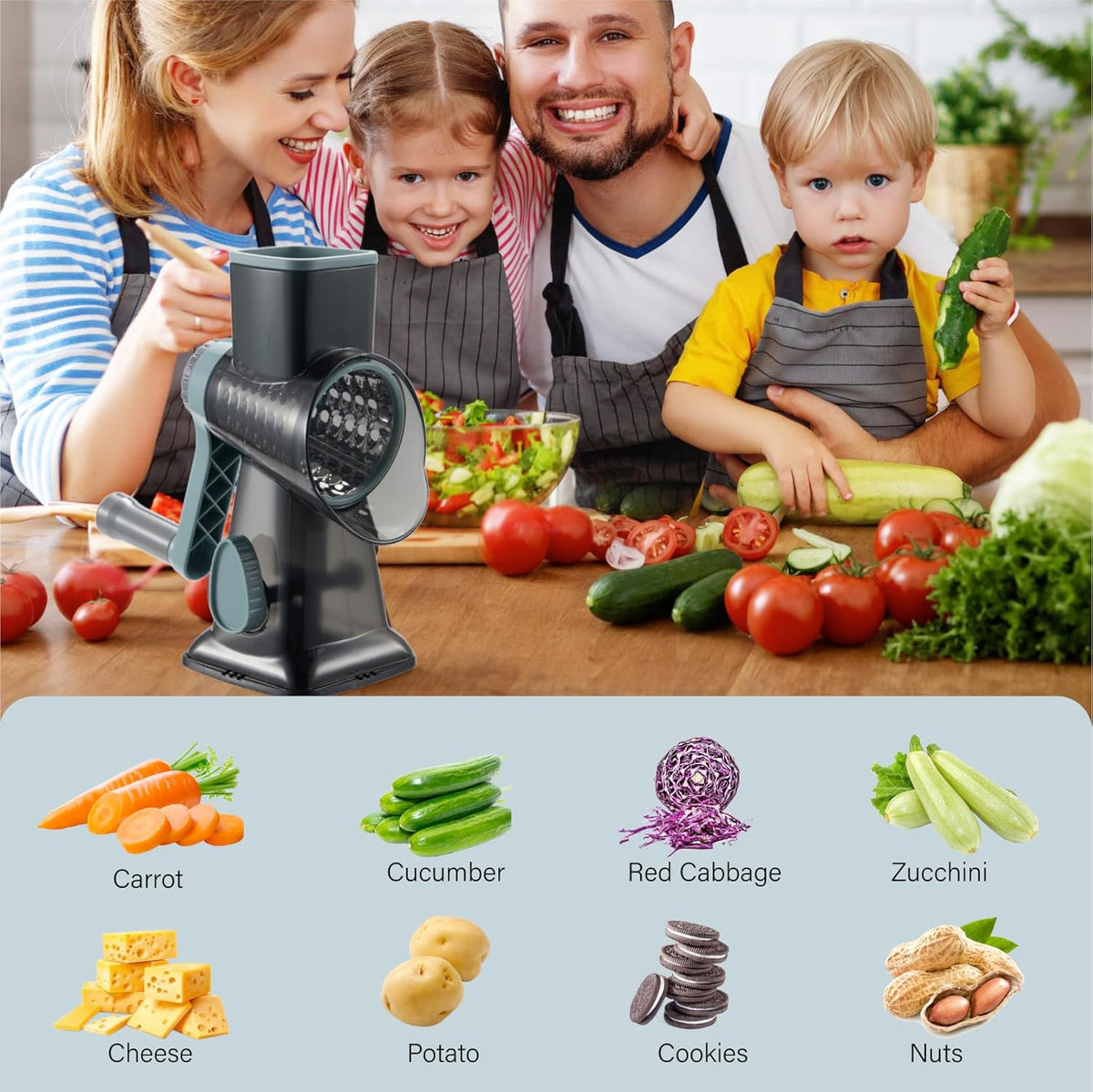 Rotary Cheese Grater Hand Crank, 5 blades Cheese shredder, Stronger Suction, Easy to Clean for Fruit, Vegetables, Nuts, Black