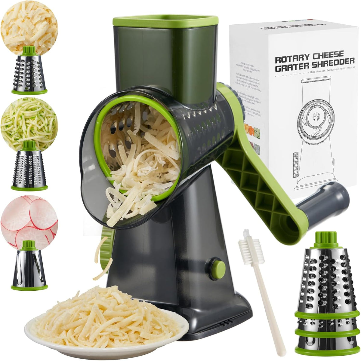 Rotary Cheese Grater Hand Crank, 5 blades Cheese shredder, Stronger Suction, Easy to Clean for Fruit, Vegetables, Nuts, Black
