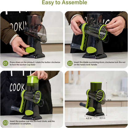 Rotary Cheese Grater Hand Crank, 5 blades Cheese shredder, Stronger Suction, Easy to Clean for Fruit, Vegetables, Nuts, Black