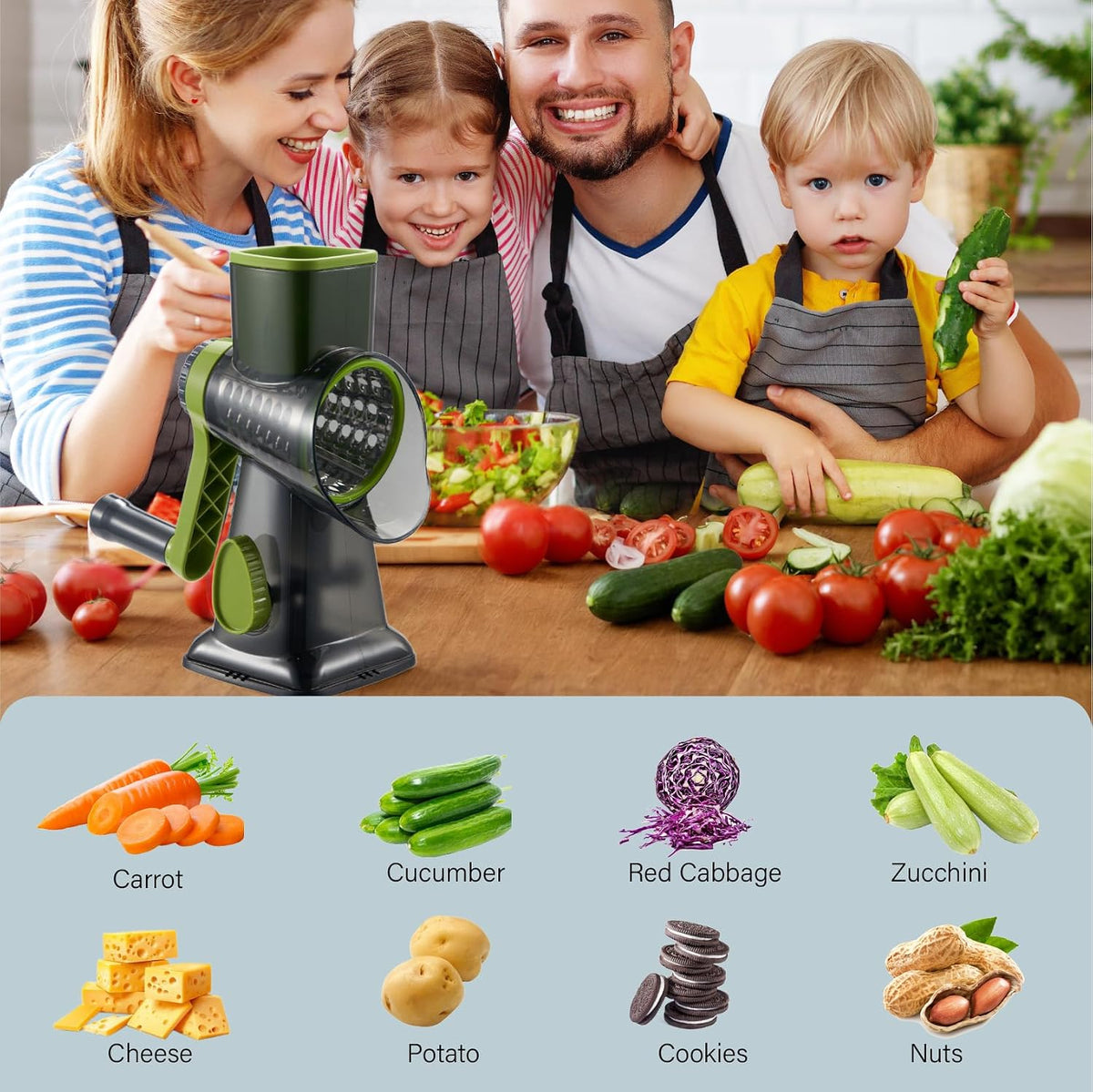 Rotary Cheese Grater Hand Crank, 5 blades Cheese shredder, Stronger Suction, Easy to Clean for Fruit, Vegetables, Nuts, Black