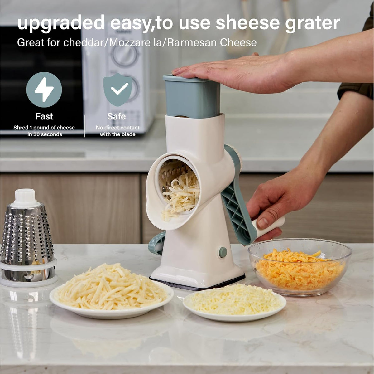 Rotary Cheese Grater Hand Crank, 5 blades Cheese shredder, Stronger Suction, Easy to Clean for Fruit, Vegetables, Nuts, Black