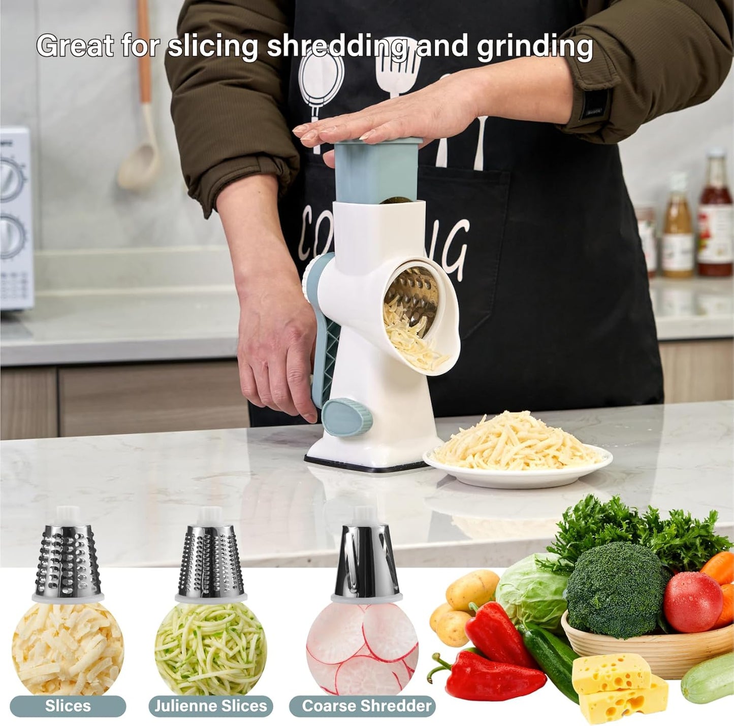 Rotary Cheese Grater Hand Crank, 5 blades Cheese shredder, Stronger Suction, Easy to Clean for Fruit, Vegetables, Nuts, Black
