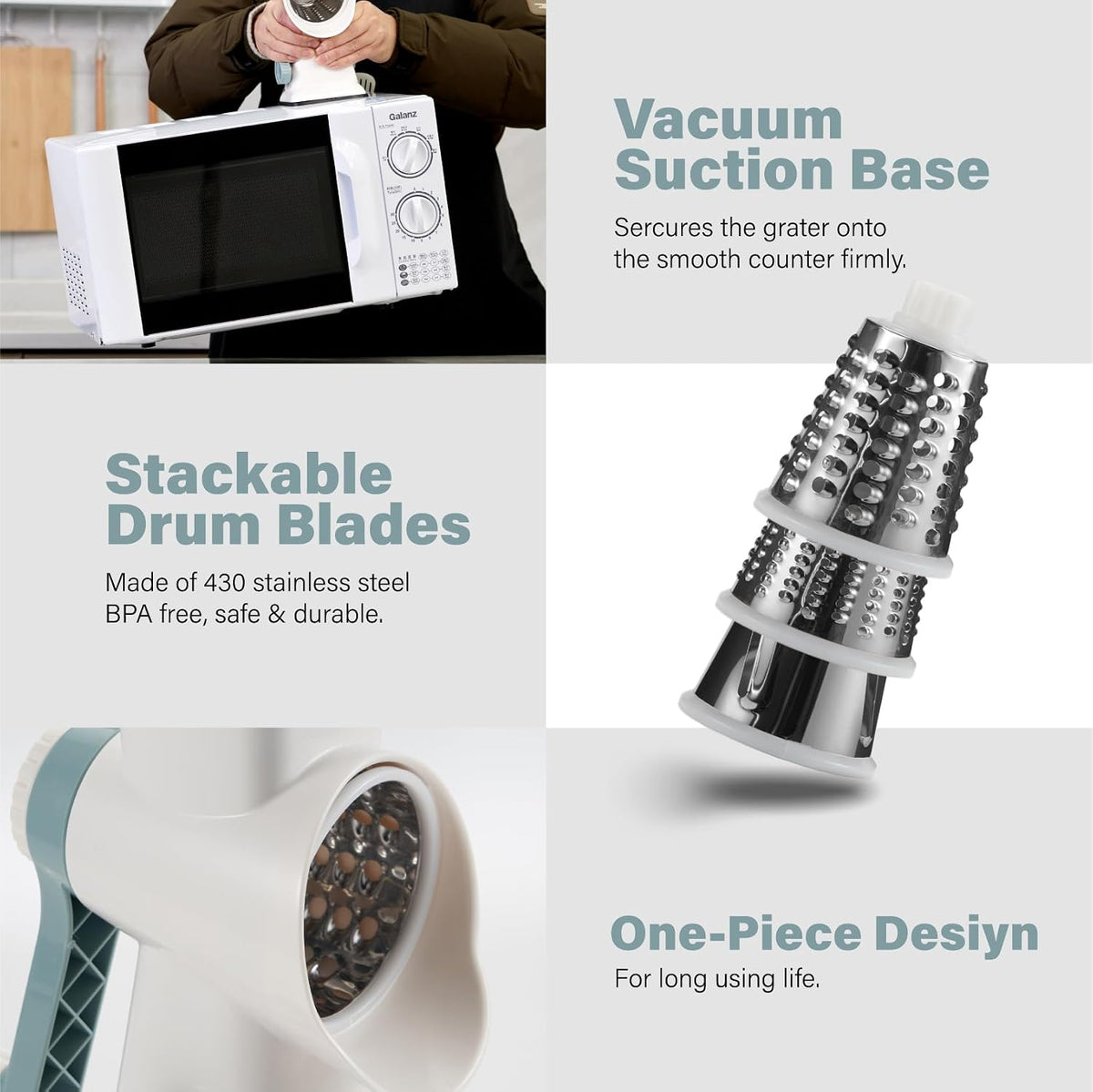 Rotary Cheese Grater Hand Crank, 5 blades Cheese shredder, Stronger Suction, Easy to Clean for Fruit, Vegetables, Nuts, Black